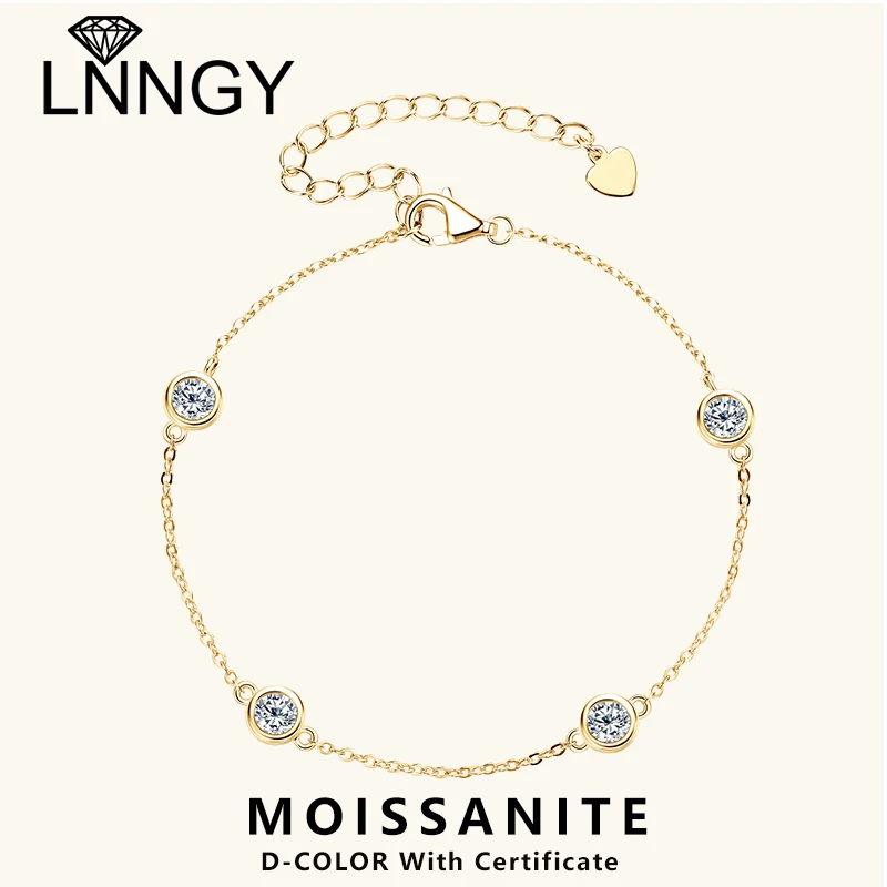 Lnngy Certified 4mm Bezel Moissanite Bracelet For Women Girls 925 Sterling Silver Adjustable Bracelets Hand Chain Jewelry Gift
