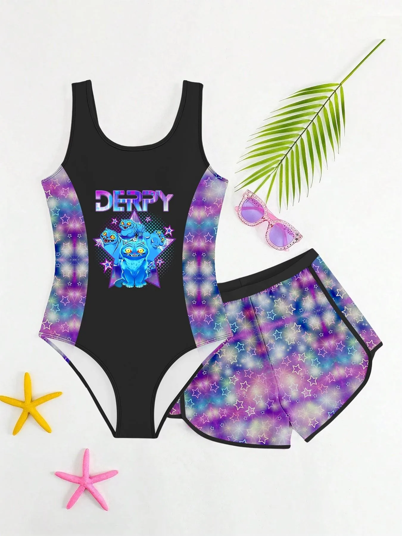 Girls 2 Piece Derpy Blue Cat Print Swimsuit Gradient Star One Piece Bathing Suit With Shorts Kids Summer Beach Swimwear