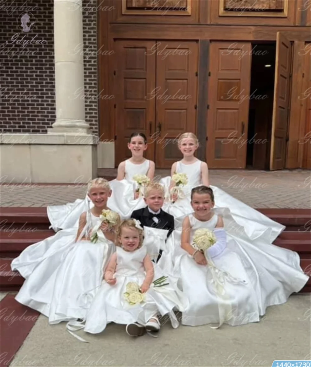 

Custom Classic Beautiful White Satin Sleeveless Flower Girl Dress For Wedding Child Official Events Birthday Prom Dress With Bow