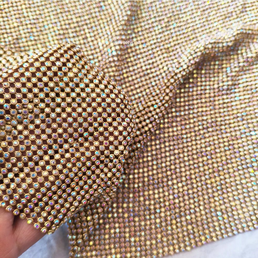 45*120cm Gold AB Rhinestone metal mesh fabric Loose Rhinestones Crystal metallic cloth DIY Kendall Dress garment,evening bag