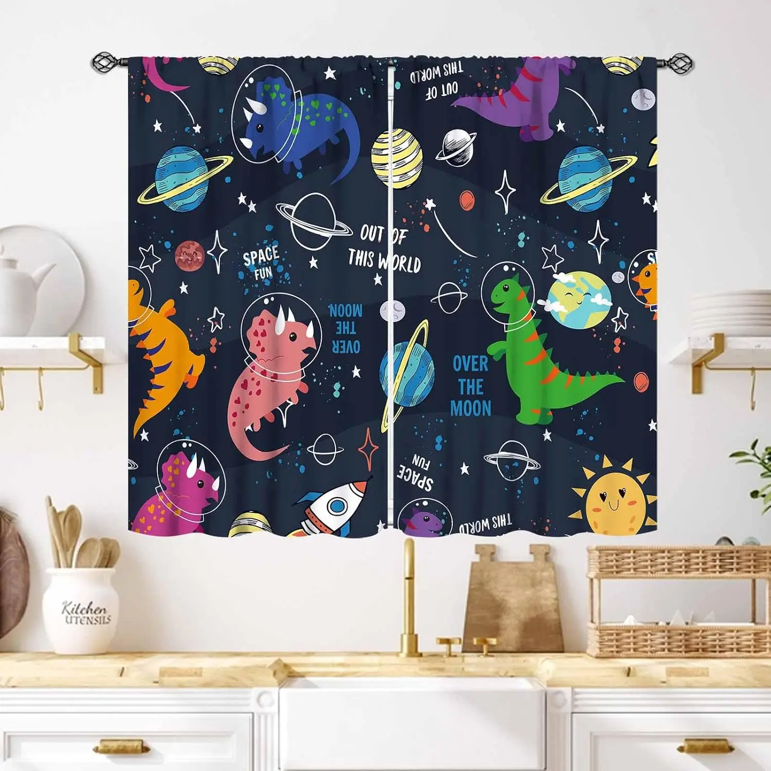 Dinosaur Curtains for Kids Room,Cartoon Animal Dino Outer Space Planet Astronaut Theme Baby Boys Nursery Window Treatments