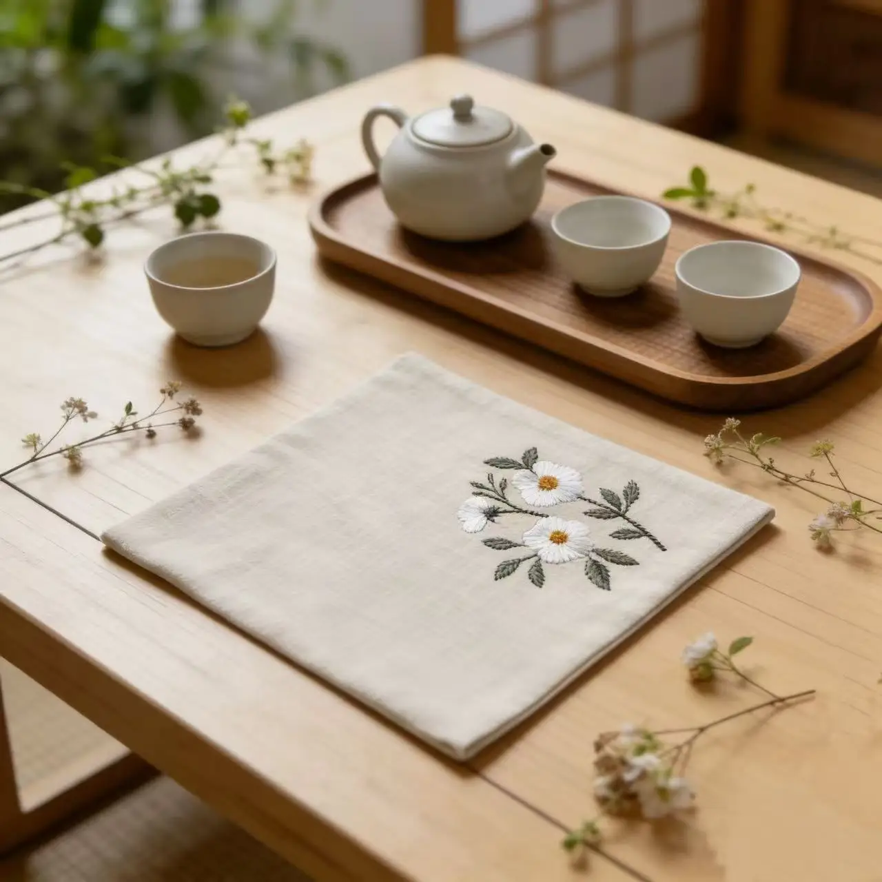 20x20cm Panda /Plants pattern Embroidered Pattern Double-Sided Double-Color Tea Towel Thickened Cotton Linen Absorbent Tea Mats