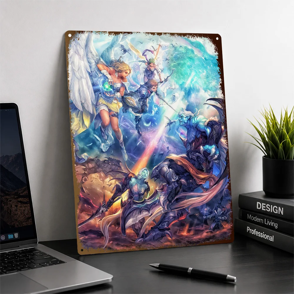 Fantasy Battle Scene With Warriors Aluminum Poster Customized Metal Tin Sign Celestial Glow Style Wall Art Appeals To Dreamers