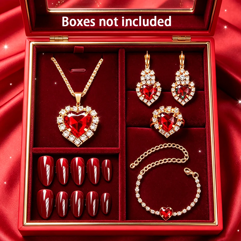 35PCS Fashion Heart  Necklace Earrings Ring Set+Press-on Nails Women Luxury Wedding Engagement Jewelry Set Shining Party Jewelry