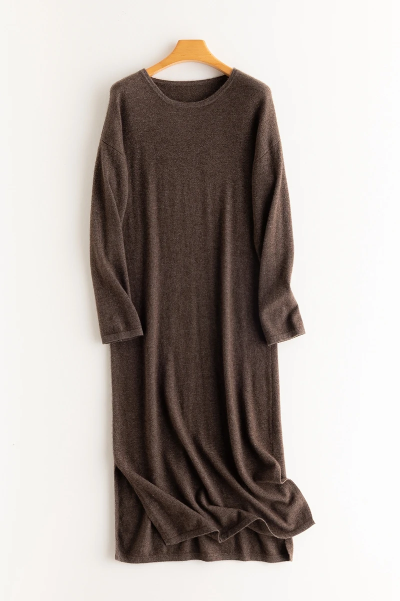 Knitted Cashmere Dress with Loose Pullover, Long Split Wool Dress, New Round Neck, Autumn and Winter