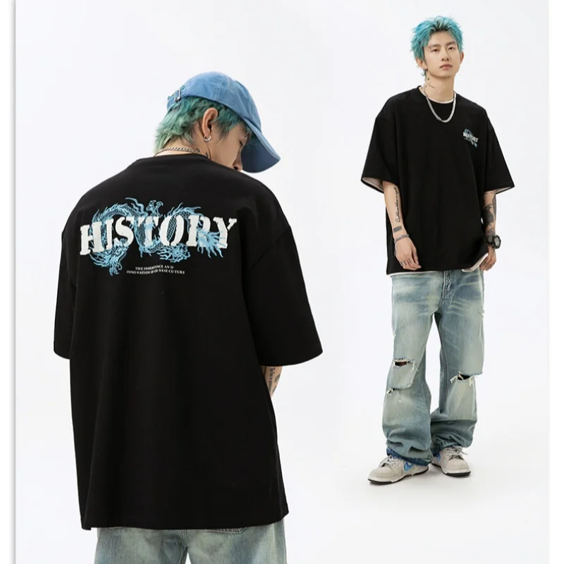 

Year Dragon Model Short Sleeve T-shirt Men Women Spring Summer Couple Tide Printing Loose Cotton Body T-shirt Men