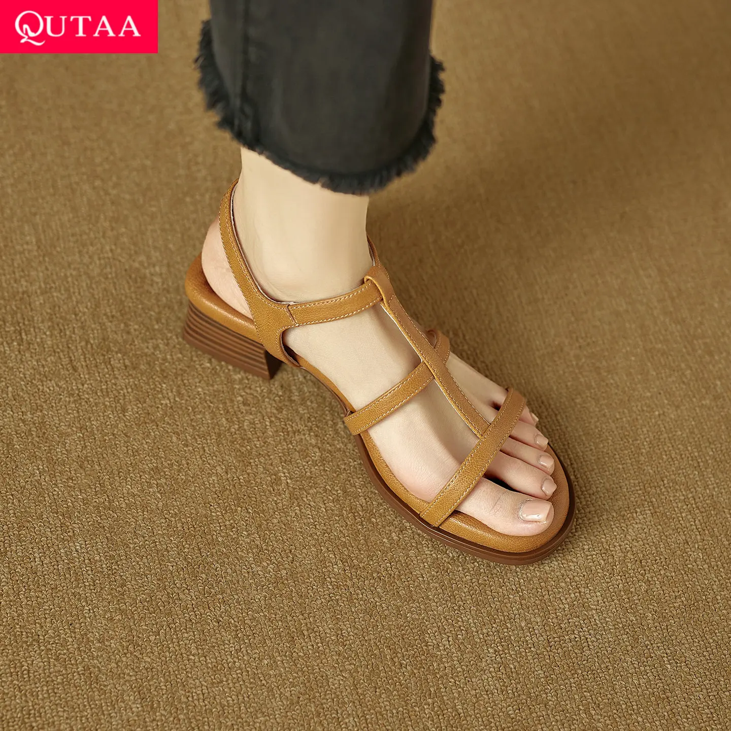 QUTAA 2026 Fashion Women Summer Sandals Pumps Shoes High Heels Open Toe Genuine Leather Roman Sandals Round Toe Shoe Dress 34-41
