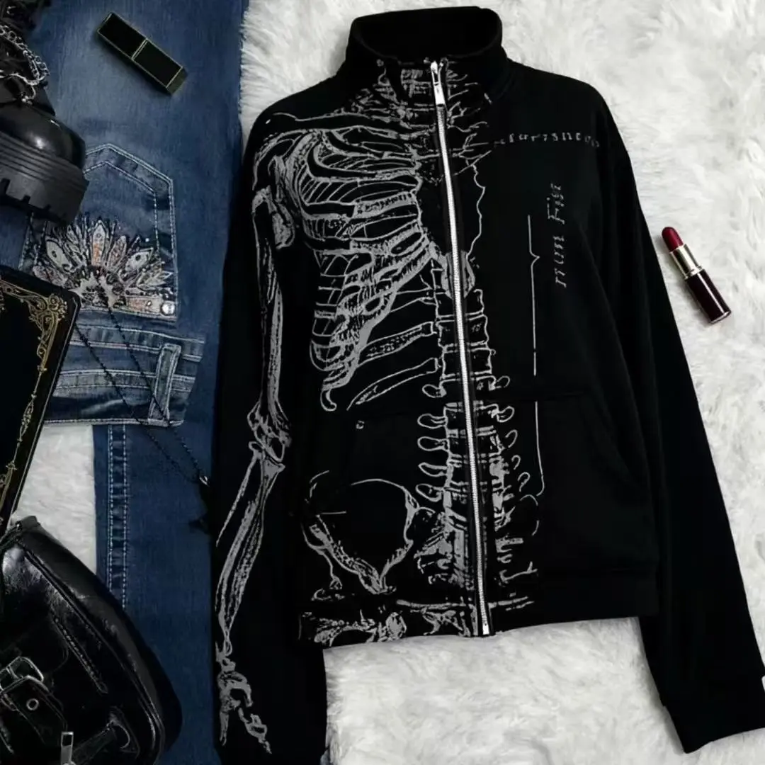 Vintage Skelett-Print Y2K Offene Strickjacke mit Kapuze Schwarz Fleece-Gefüttert Stehkragen Unisex Langarm Reißverschluss Streetwear