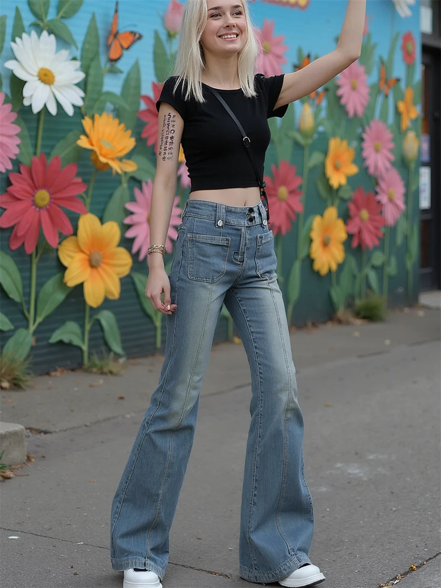 Flare slanke skinny vloerjeans dames uitlopende been fit hoge taille baggy patchwork geplooide vintage geborduurde blauwe zak