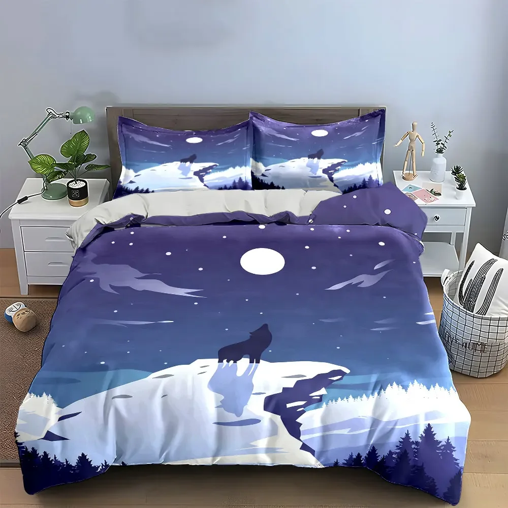 Wolf Moon Night Canvas Decor Soft Comfortable Duvet Cover Bedding Set Included 1*Duvet Cover & 2*Pillowcases, gift