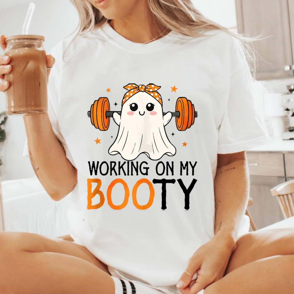 Adorable Ghost Barbell Motif Cotton Gym T-shirt Unisex Trendy Streetwear Casual Halloween Short Sleeve Top Fashion Fitness Tees