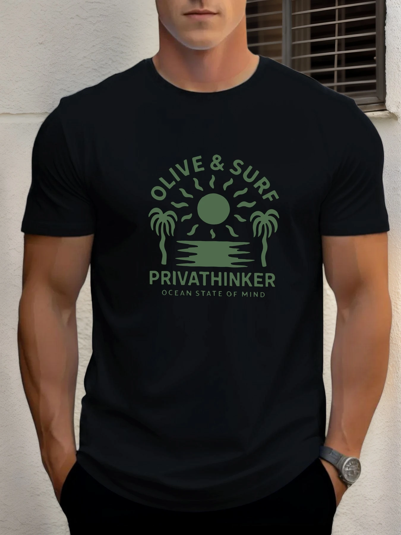 

Men's Cotton T-Shirt, Summer Crew Neck Short Sleeve, Olive & Surf Print Breathable Streetwear Fashion Cool T-Shirt