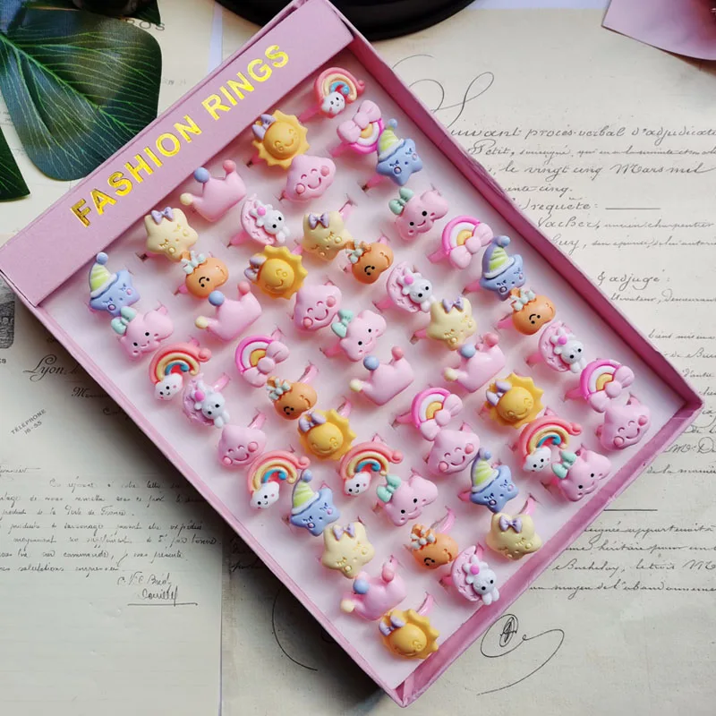 Lovely 20Pcs/Lot Children\'s Cartoon Rings Opening Jelly Color Finger Ring Kid Baby Girl Boy Resin Jewelry Charm Gift