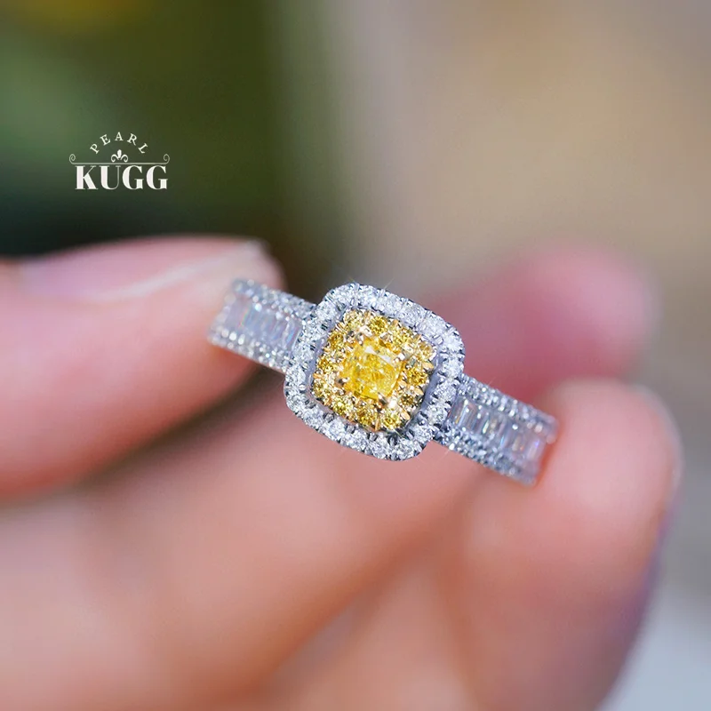 KUGG 100% 18K White Gold Rings Luxury Shiny Design Real Natural Yellow Diamond Engagement Ring for Women High Party Jewelry