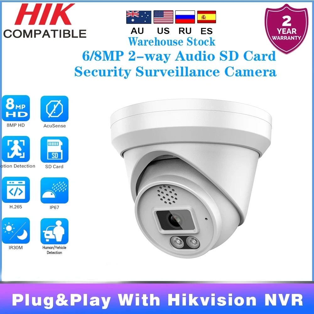

Hikvision Compatible 8MP Security Camera 6MP Color Night PoE IR Human Vehicle Detection Built-in Mic Speaker Video Surveillance