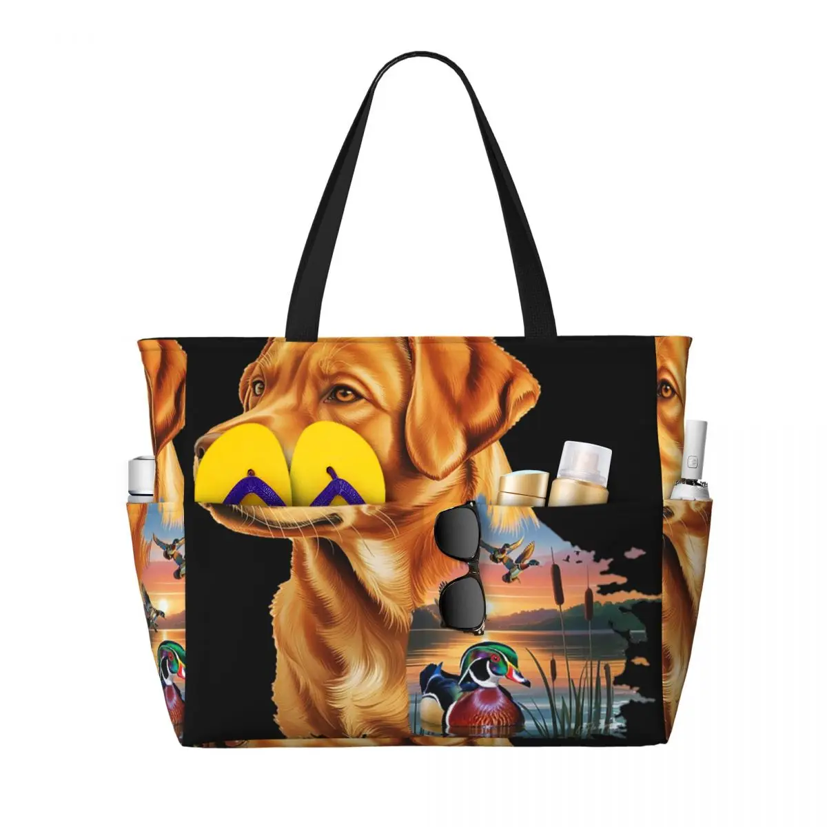 

Fox Red Labrador And Wood Duck Sunrise Beach Tote Bag Sport Gym Yoga Duffle Large Tote Bag Women Travel Bag Fitness bag