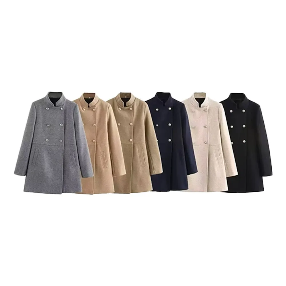 

Autumn and winter new women's loose long sleeved gold button decoration blended double breasted coat jacket