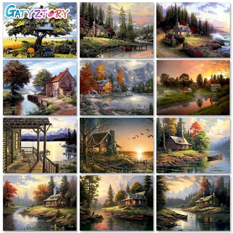 GATYZTORY Acrylic Painting By Numbers Frame Village Landscape Drawing With Numbers For Adults Artwork Gift Handmade Shiny Halo