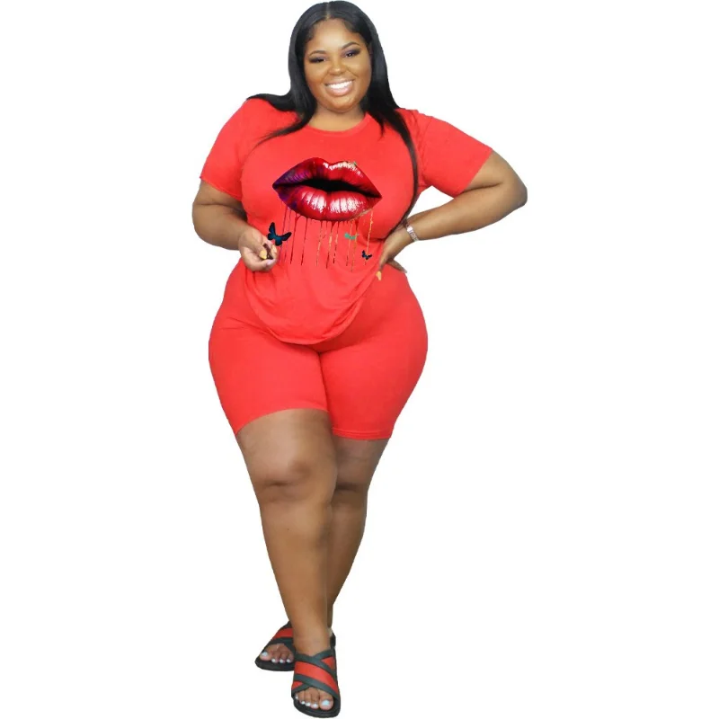 WSFEC XL-5XL Two Piece Sets Women Outfits Plus Size Summer 2023 Short Sleeve Full Figure Casual Sport Matching Sets Dropshipping