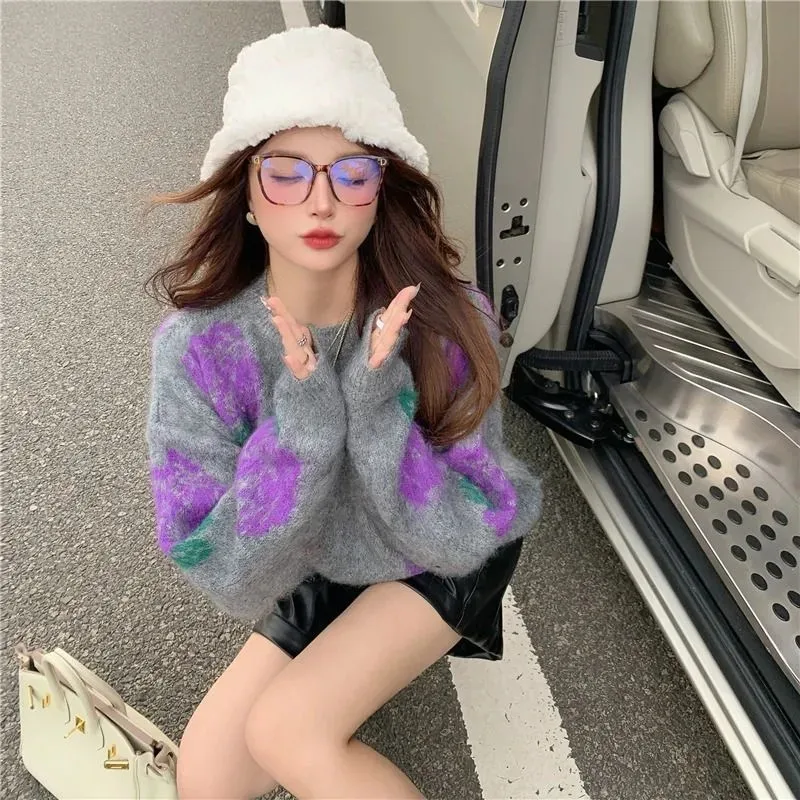 2023 Flower Fashion Sweater Pullover Women Autumn Winter Gray Sweaters Coat Printing Loose Knitwear Top Female Knitted Sweater