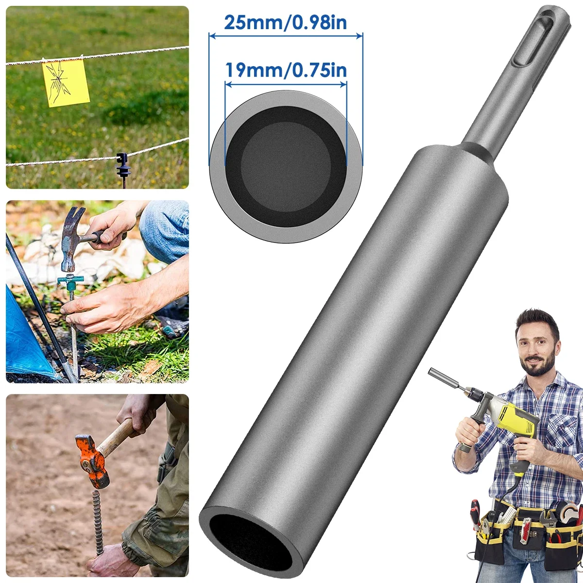 SDS Plus Ground Rod Driver Steel Drill Bit Driver Wear Resistant Rotary Hammer Drill Power Tools for 5/8Inch and 3/4Inch Bit