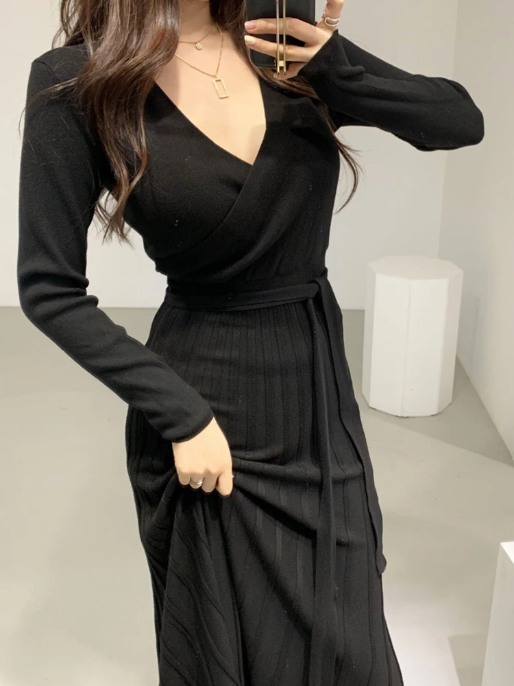 Stretchy Women Knitted Bodycon Pencil Dress New 2022 Autumn Winter Solid Vestidos Long Sleeve V Neck Slim Lady Chic Korean Dress