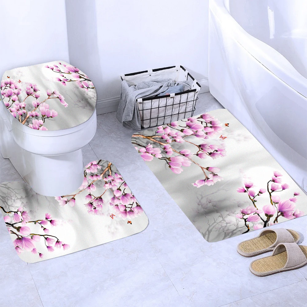 Waterproof Bathroom Shower Curtain Flower Bath Curtain Sets Toilet Cover Non-Slip Mat Rug Carpet Set Home Decor Accessories