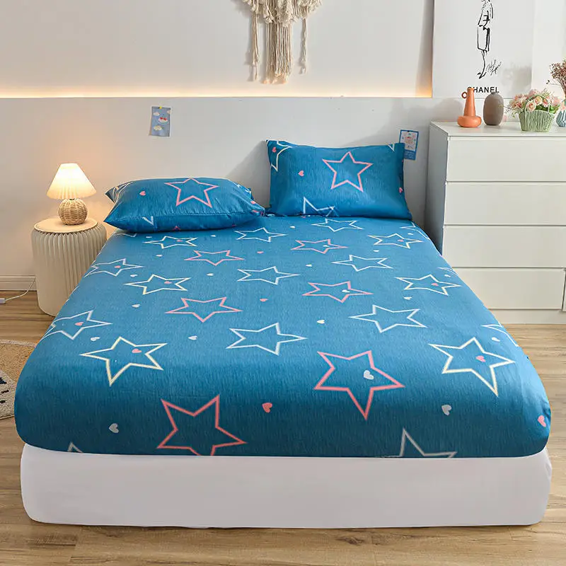 Queen Bed Sheets for Double Bed Blue Stars Printed Fitted Sheets Thick Brushed Fabric Double Mattress Cover (without pillowcase)