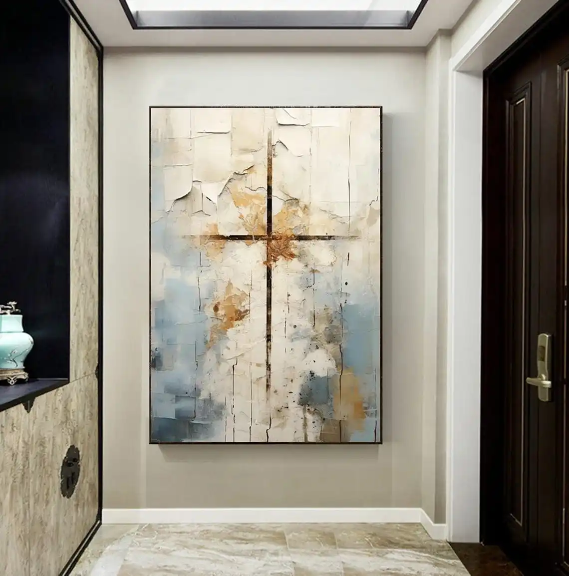 

Abstract White Textured Cross Handmade Painting Gold Beige Modern Wall Art Large Christian Religious Canvas Artwork Home Decor