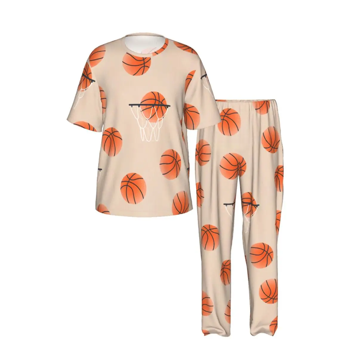 Men Pajamas Suit Short Sleeved Long Pants Basketball Balls Texture Sleepwear Summer Home Clothing Set