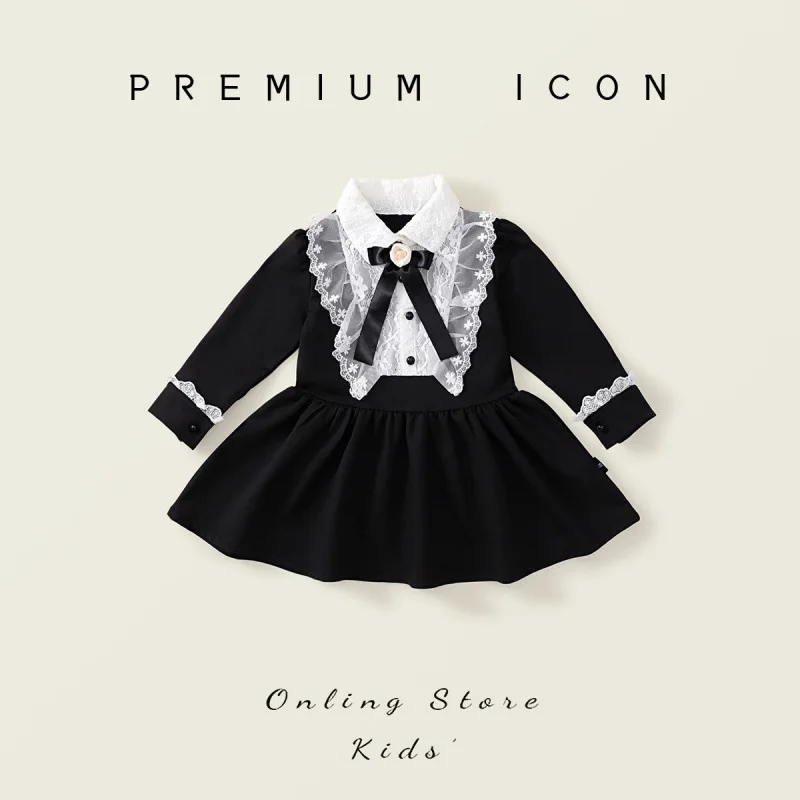 Girls Black Hepburn Style Long Sleeve Vintage Dress Autumn New Children Lace Bow Princess Dress