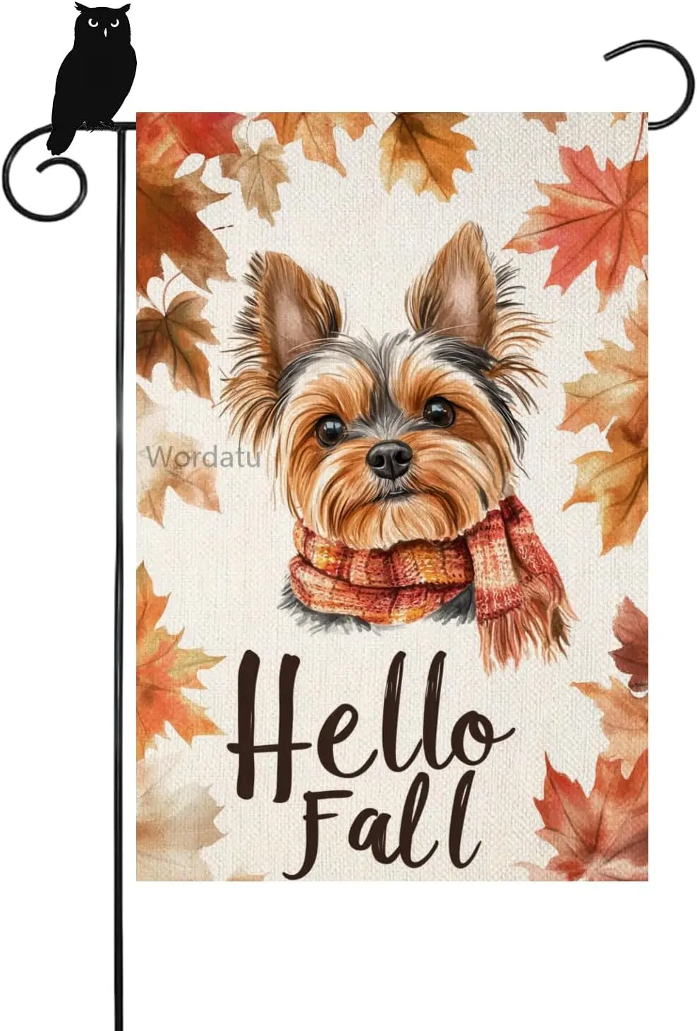 Divertida Yorkie, Hola otoño Hojas de arce bandera de jardín bandera de patio 12x18 pulgadas doble cara pequeña Mini patio al aire libre exterior Farmho KKW