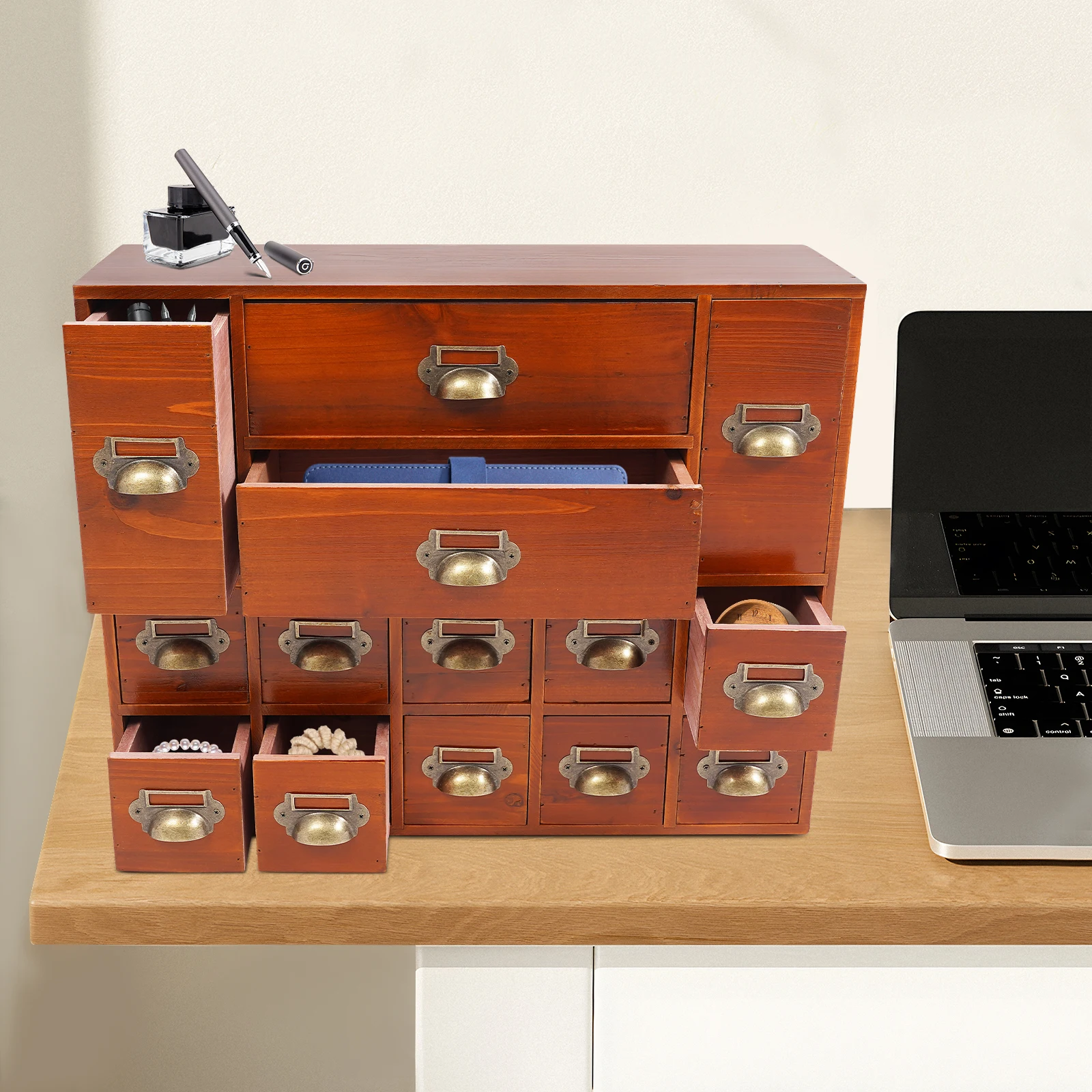 

Old Brown Storage Cabinet, Vintage Style Table Storage Cabinet with 14 Drawers, Wooden Storage Box for Desktop Organizer