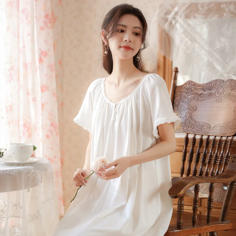 Women Summer White Short Sleeves Cotton Nightwear Simple Round Neck Mid-Calf Loose Nightdress Casual Plus Size Nightgowns New