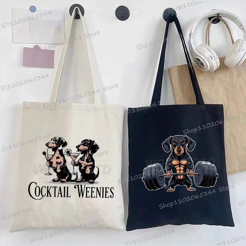 

Funny Dachshund Weightlifting Canvas Tote Bags Cartoon Fashion Animal Student Shoulder Bag Y2K Dachshund Casual Handabgs