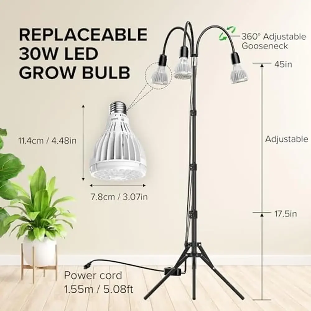 Adjustable Tripod Stand Full Spectrum 90W LED Floor Grow Light 9000LM 4000K Indoor Plants Supplementary 660NM High PPFD 360°