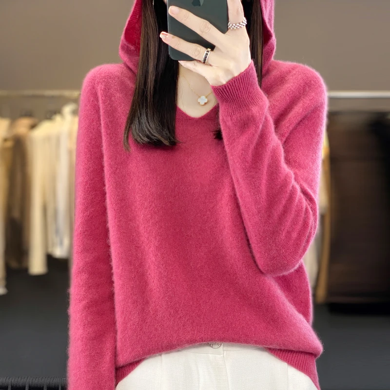 2024 100% Merino Pure Wool V-neck Hoodie Autumn/Winter Hoodie New Cashmere Sweater Women\'s Casual Knitted Top DMR207