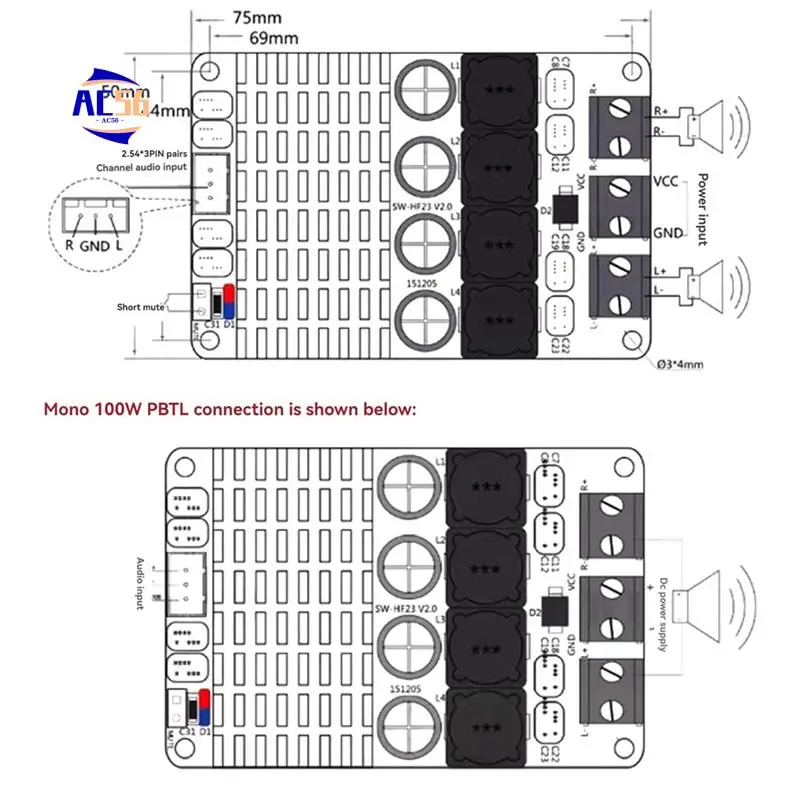 

AC56-TPA3116 Digital Putting Plate 50Wx2 Digital Amplifier Board PBTL 100W Mono High Power Amplifier Module