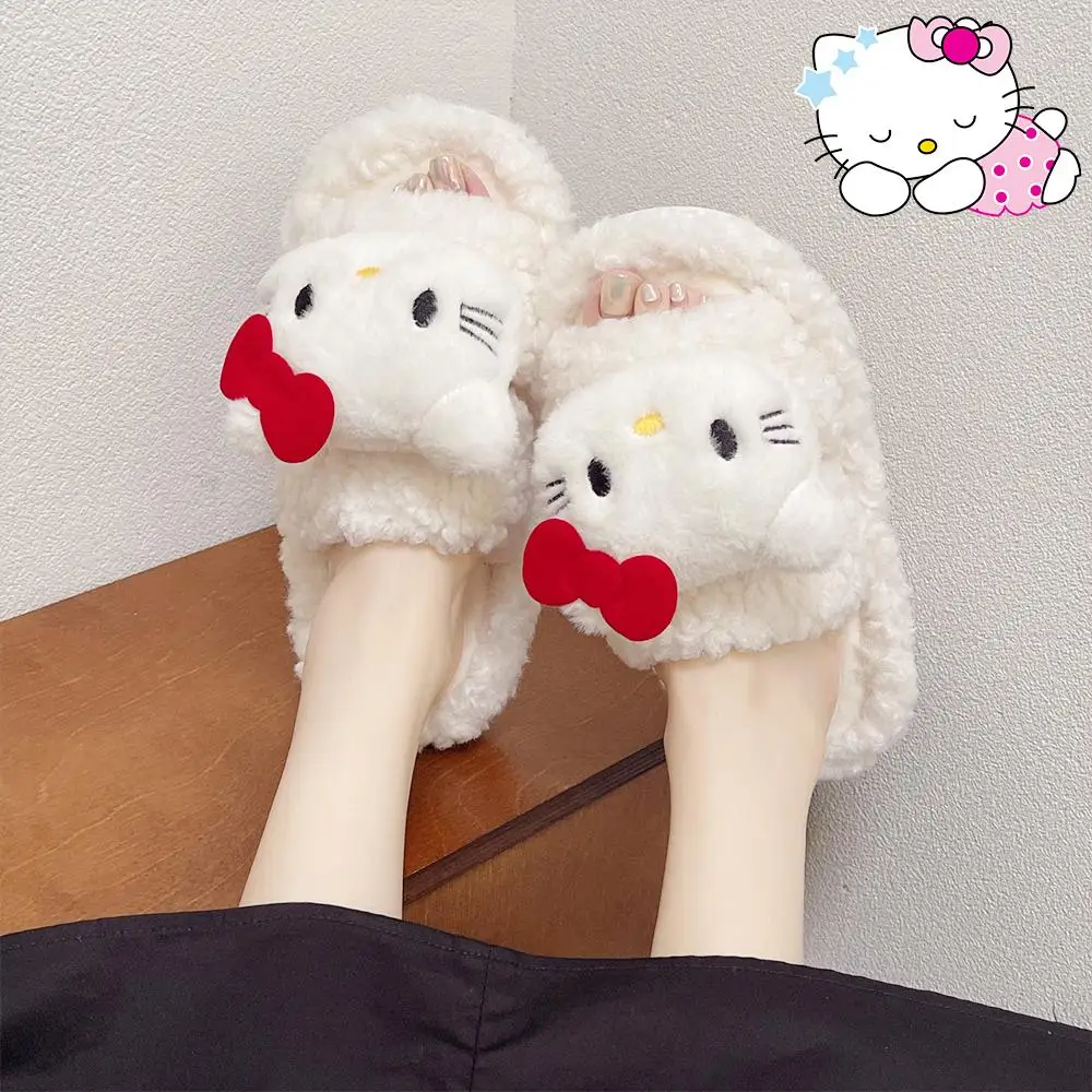 Kawaii Hello Kitty Doll Plush Slippers Sanrios Anime Winter Cute Cartoon Warm Cotton Home Slippers Leisure Anti-Slip Cat Shoes