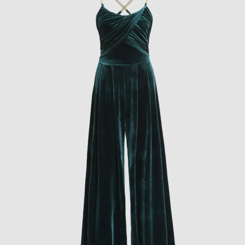 Party velvet metal chain wide leg chic jumpsuit