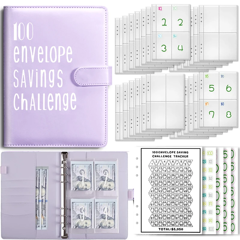 100 Envelope Challenge Binder Save Savings Challenges Loose-Leaf Binder Budget Binder with Cash Envelopes Money Organizer System