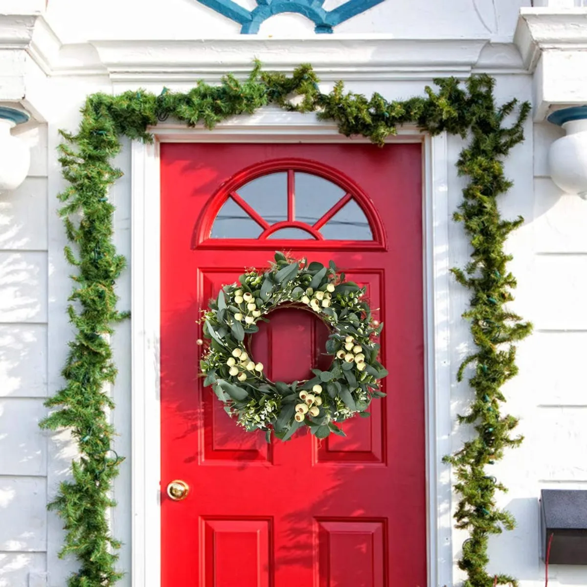 Coronas artificiales de vegetación navideña para primavera y verano, para puerta delantera, corona de hojas de eucalipto verde, decoración de boj para granja, Navidad