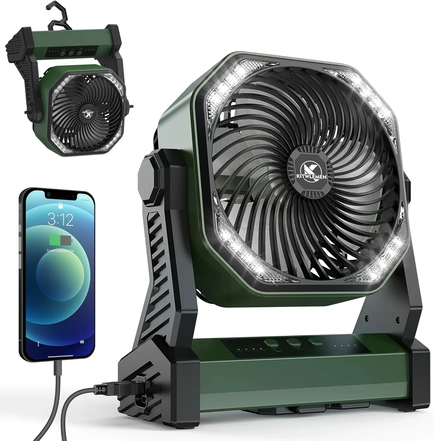 

Camping Fan with LED Lantern, 20000mAh Rechargeable Battery Operated Outdoor Tent Fan with Light & Hook, 4 Speeds, Personal USB