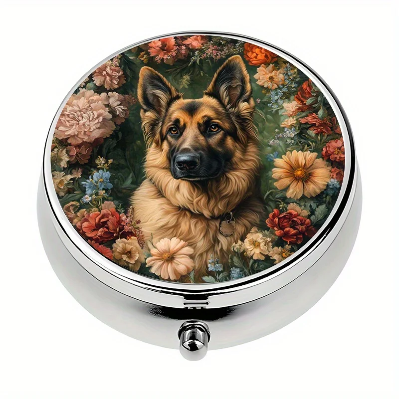 A 3-compartment pill box with floral pattern and German Shepherd theme, mini pill container, pill organizer, unique travel gift