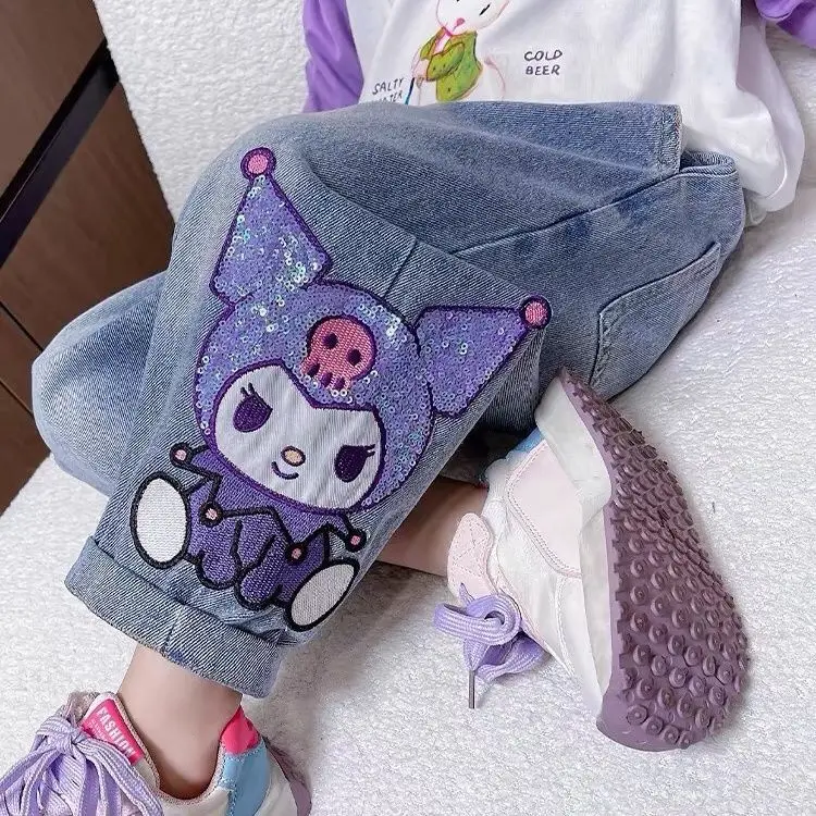 Calças jeans retas com elástico na cintura, calças jeans casuais soltas, anime Kuromi, moda infantil Sanrios, casacos femininos