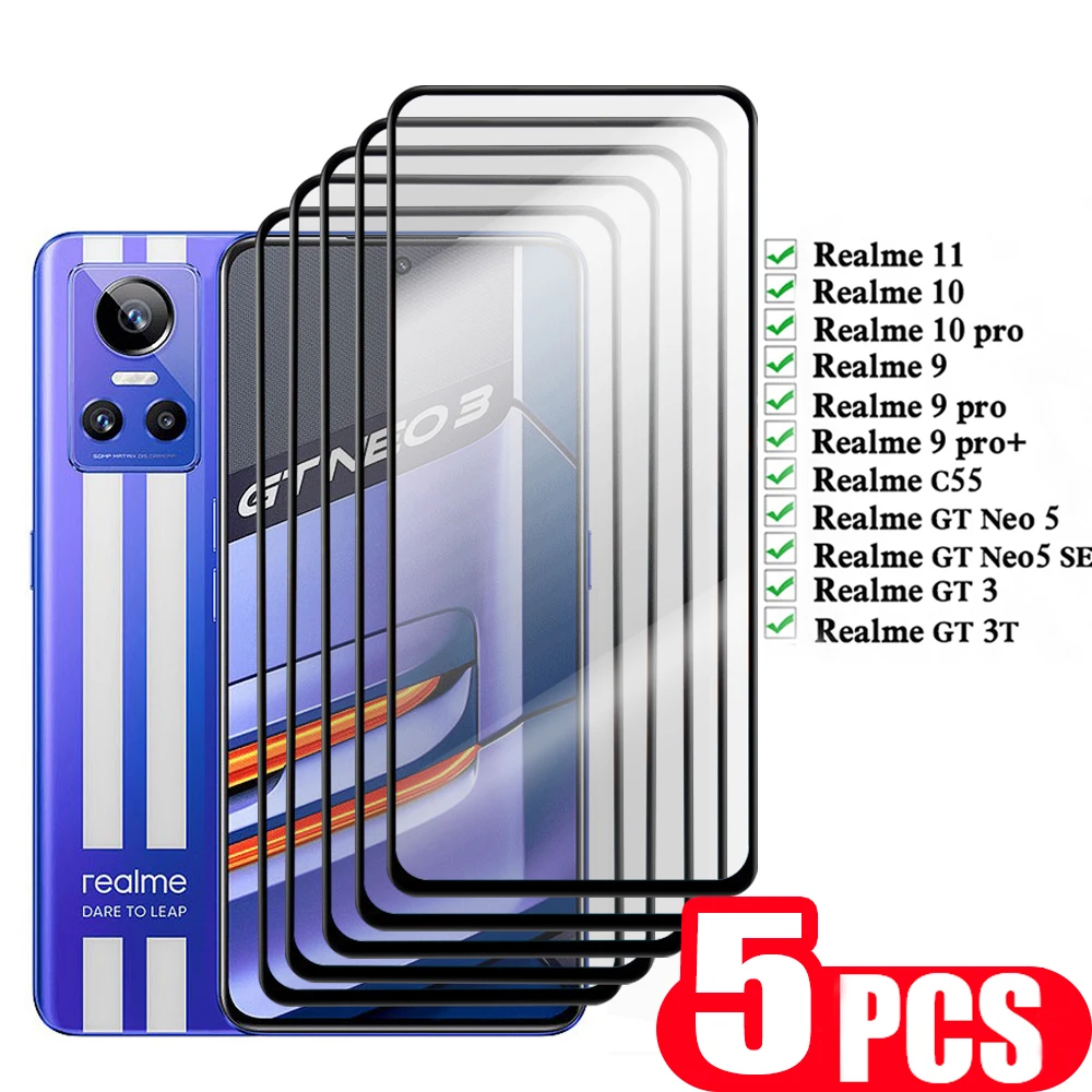 

Защитное стекло 9D для экрана телефона Realme C55, стекло для Realme 11, 10, 9 pro plus, GT Neo 5, SE, 3, 3T, фотостеклянная защитная пленка, 5 шт.