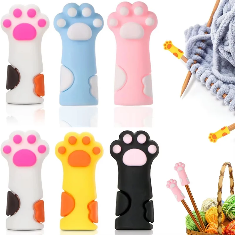 6 件套 Cute Cat Paw Knitting Needle Stoppers Needles Point Silicone Protector Anti-Shedding Cap DIY Weave Tool Sewing Accessories