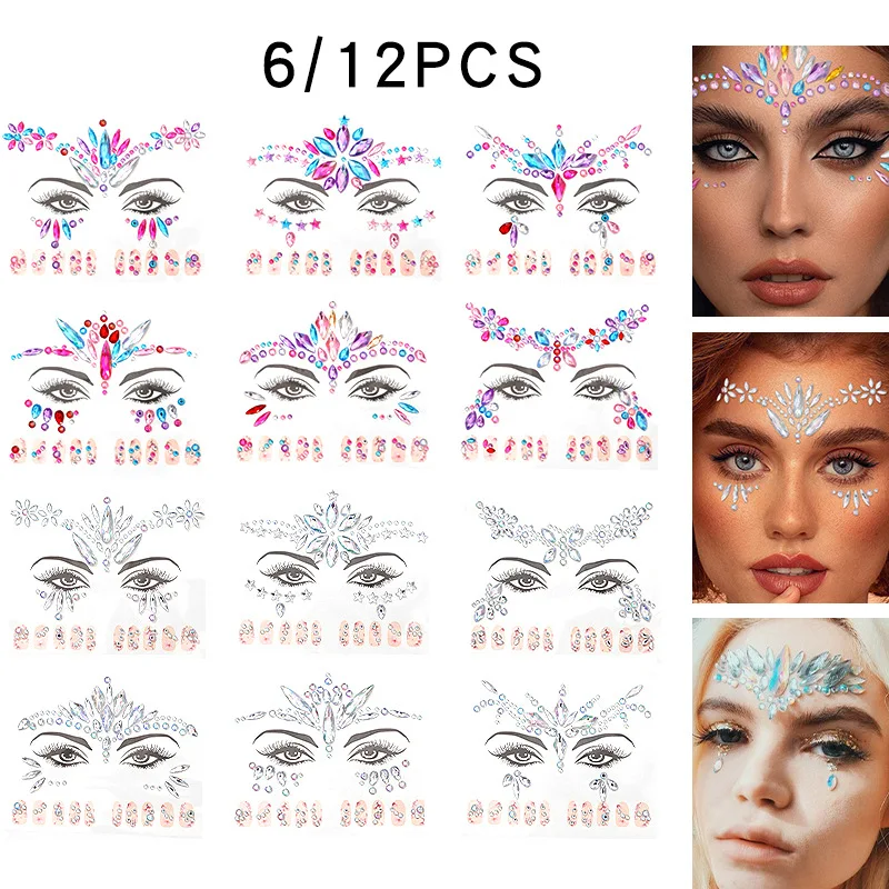 6/12pcs/EDM face stickers, nail stickers, 2-in-1 diamond stickers, eyebrow center stickers, makeup ball stickers, face accessori