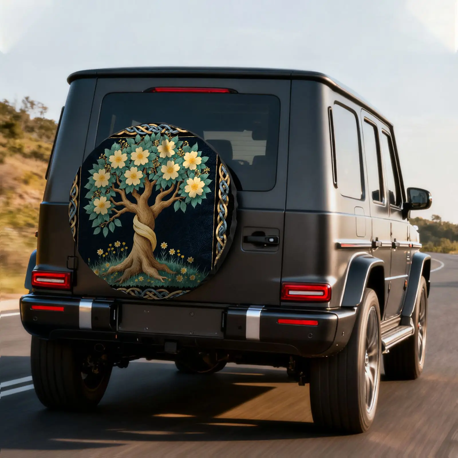 Tire Cover With Artistic Tree Print, Made Of Polyester Fiber, Featuring Medieval Celtic Knot Decorations, Golden Ribbon Tree Pat