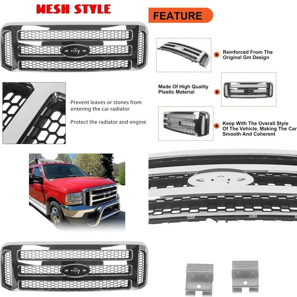 

Передняя решетка, совместимая с Ford 1999-2004 F250 F350 Super Duty 2000-2004 Excursion, новая решетка с хромированной сеткой
